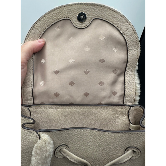 NWOT Kate Spade K9398 Leila Flap Backpack Fur Faux Shearling Light Sand Leather